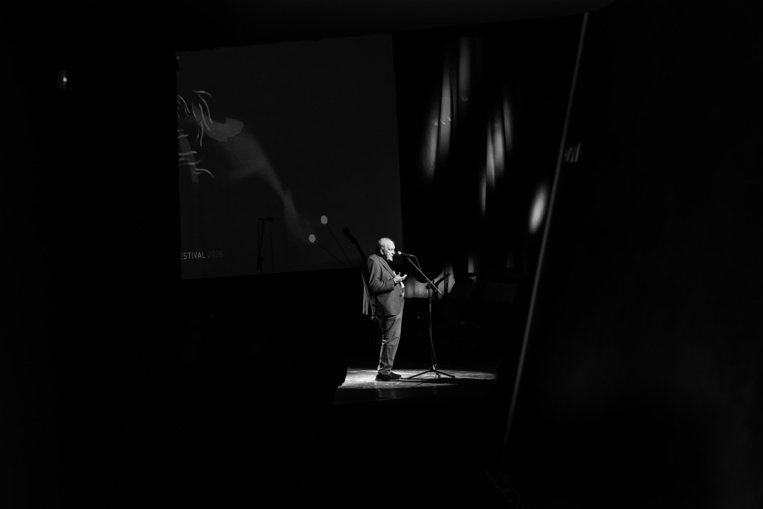 A single performer at a microphone in a distant pool of stage light.