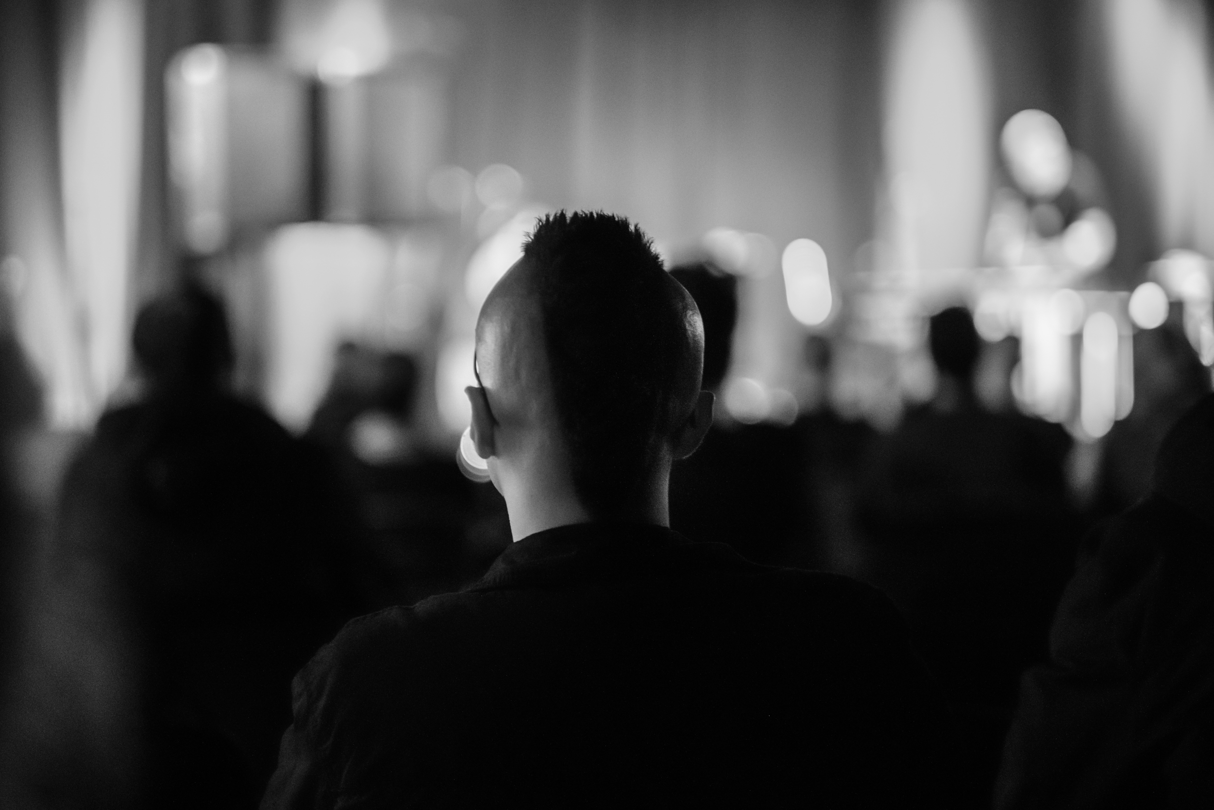 Rear view of an audience member facing a softly blurred performance.