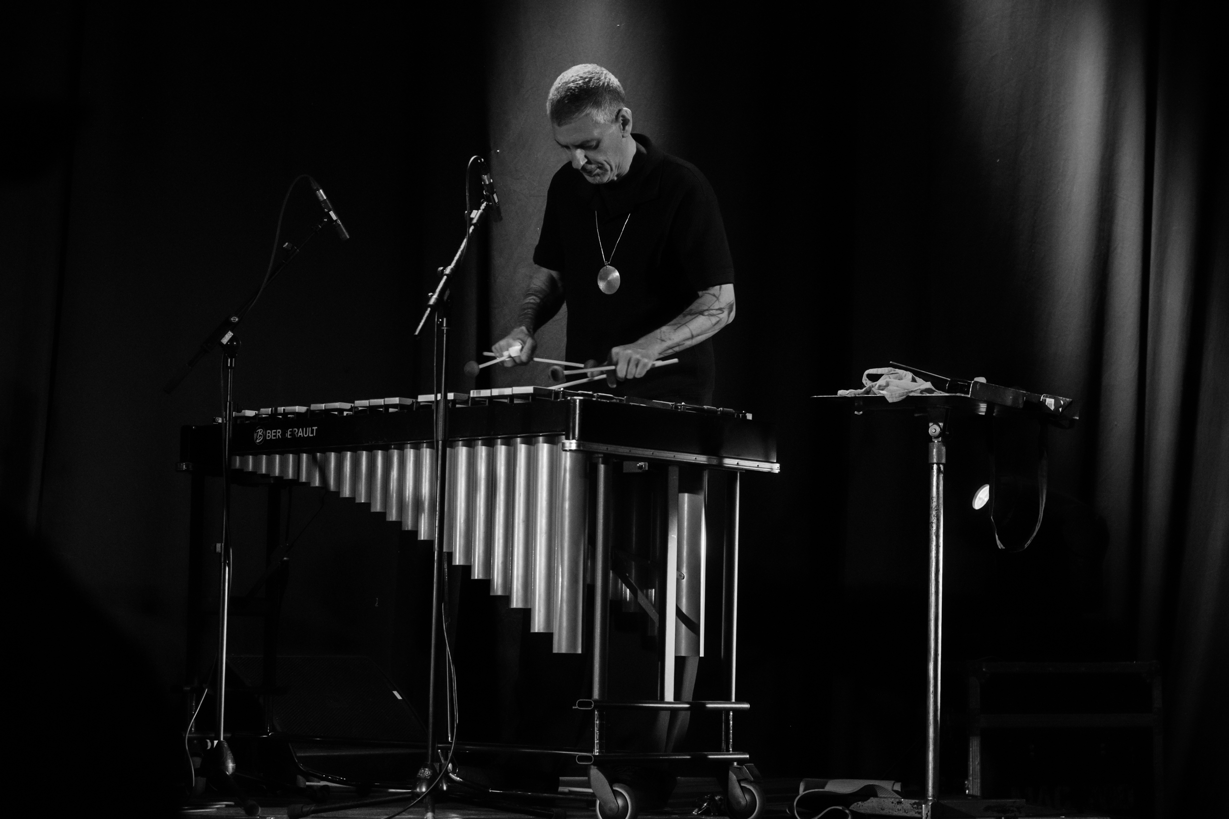 A vibraphone player stands under a spotlight against a dark stage.
